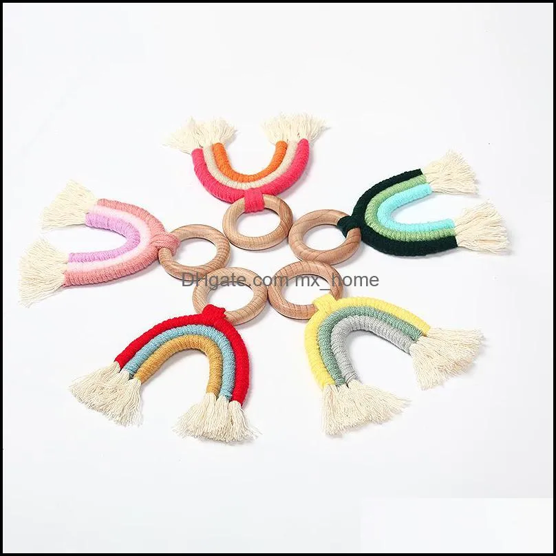 nordic wall decor woven rainbow kids room decoration pendants wood crafts wooden ring tassel rainbow hanging ornaments z6756