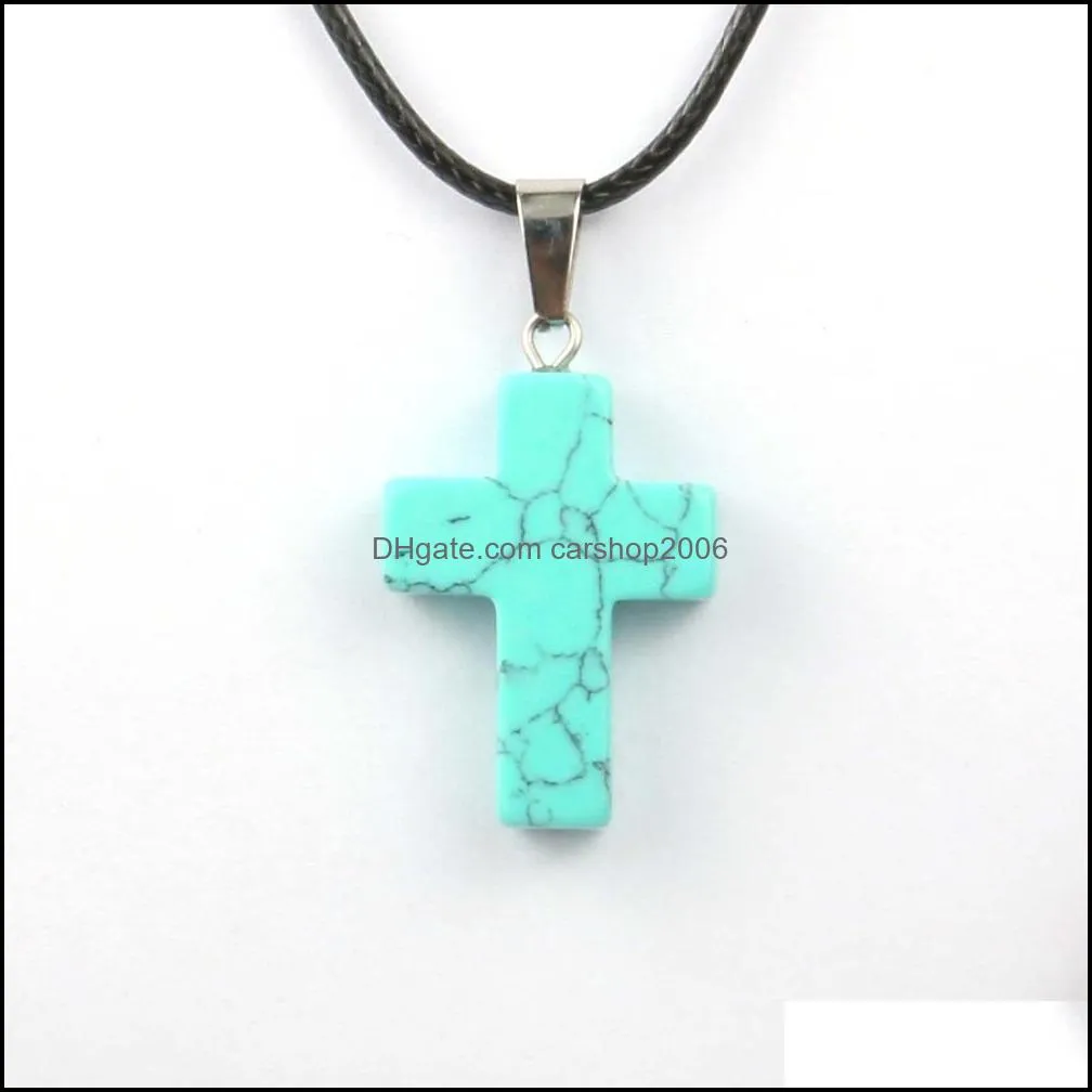 cross reiki natural stones turquoise pink quartz pillar charms pendant necklace for women men gift accessories