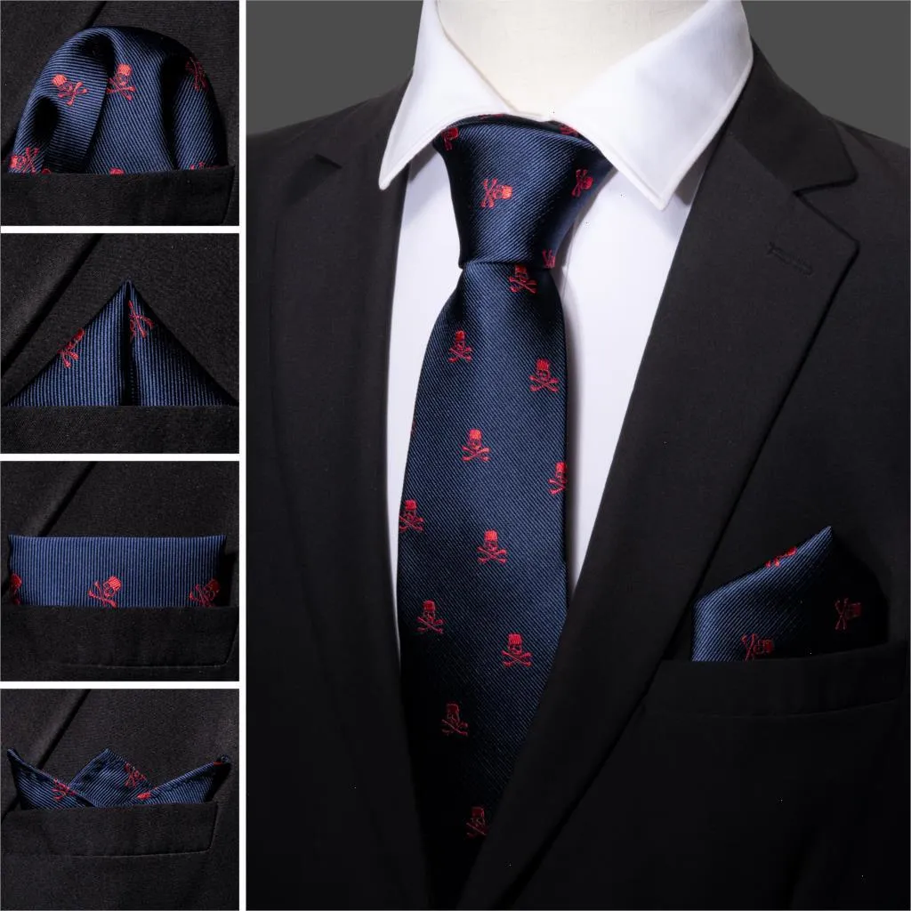 Modeontwerper Red Skull Men Tie Set 8,5 cm Silk Handkerchief banden voor bruiloftsactiviteiten Gravata NecTie