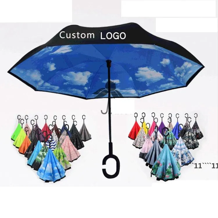 Inverted Umbrella Sun Rain Long-Handled Umbrellas Reverse Windproof Double Layer Chuva C-Hook Hands by sea RRB15482