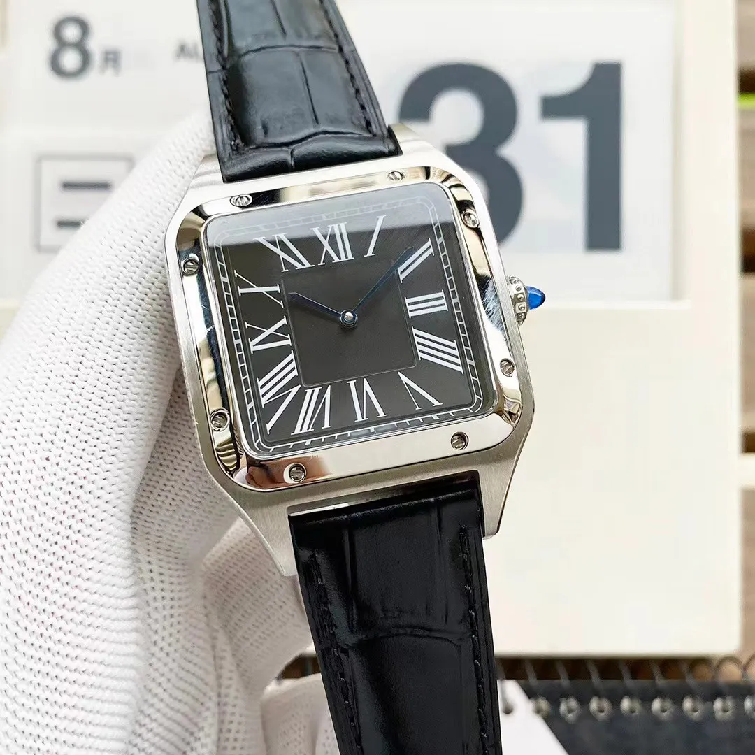 Dropshipping- mens 기계식 시계 35mm/39mm 스퀘어 다이얼 스테인레스 스틸 시계 자동 달력 디자이너 손목 시계가있는 가죽 스트랩
