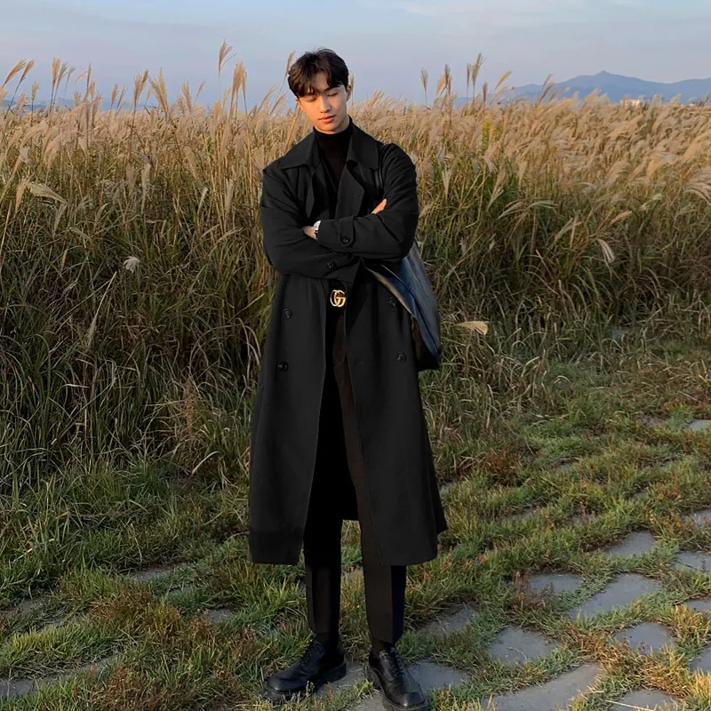 Korean Fashion Mens Long Windbreaker Overcoat Autumn Trench
