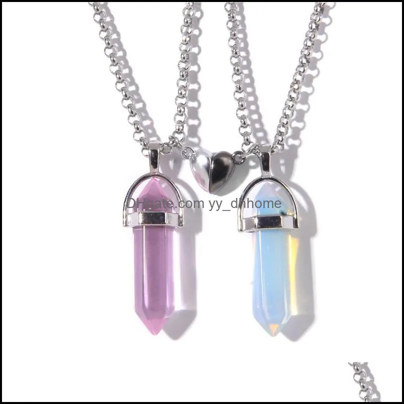 Natural Crystal Quartz Stone pendant neckace Love Heart Magnetic Button hexagonal prism necklaces For Couple Friend Gifts