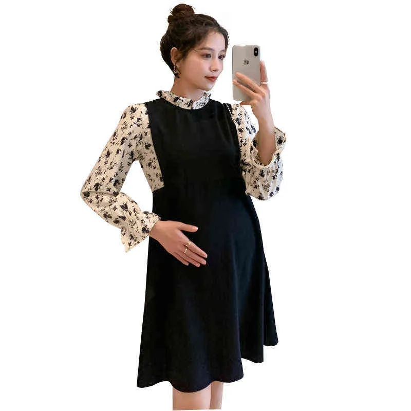 Zwangerschap Autumn Bloemen jurk Ruches Patchwork Flare Sleeve zwangere vrouwen Aline Dress Fashion Zwangerschap Formele kleding Blouses J220628