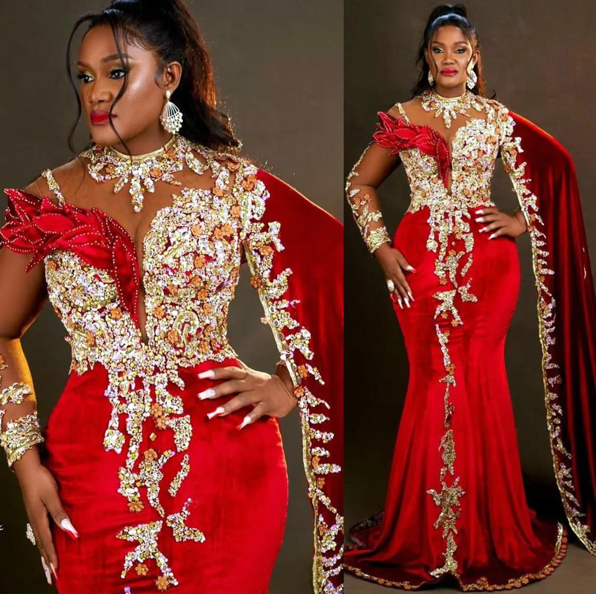Robes de bal rouges avec cape à manches longues dentelle cristaux perlés arabe Aso Ebi robe de soirée sirène
