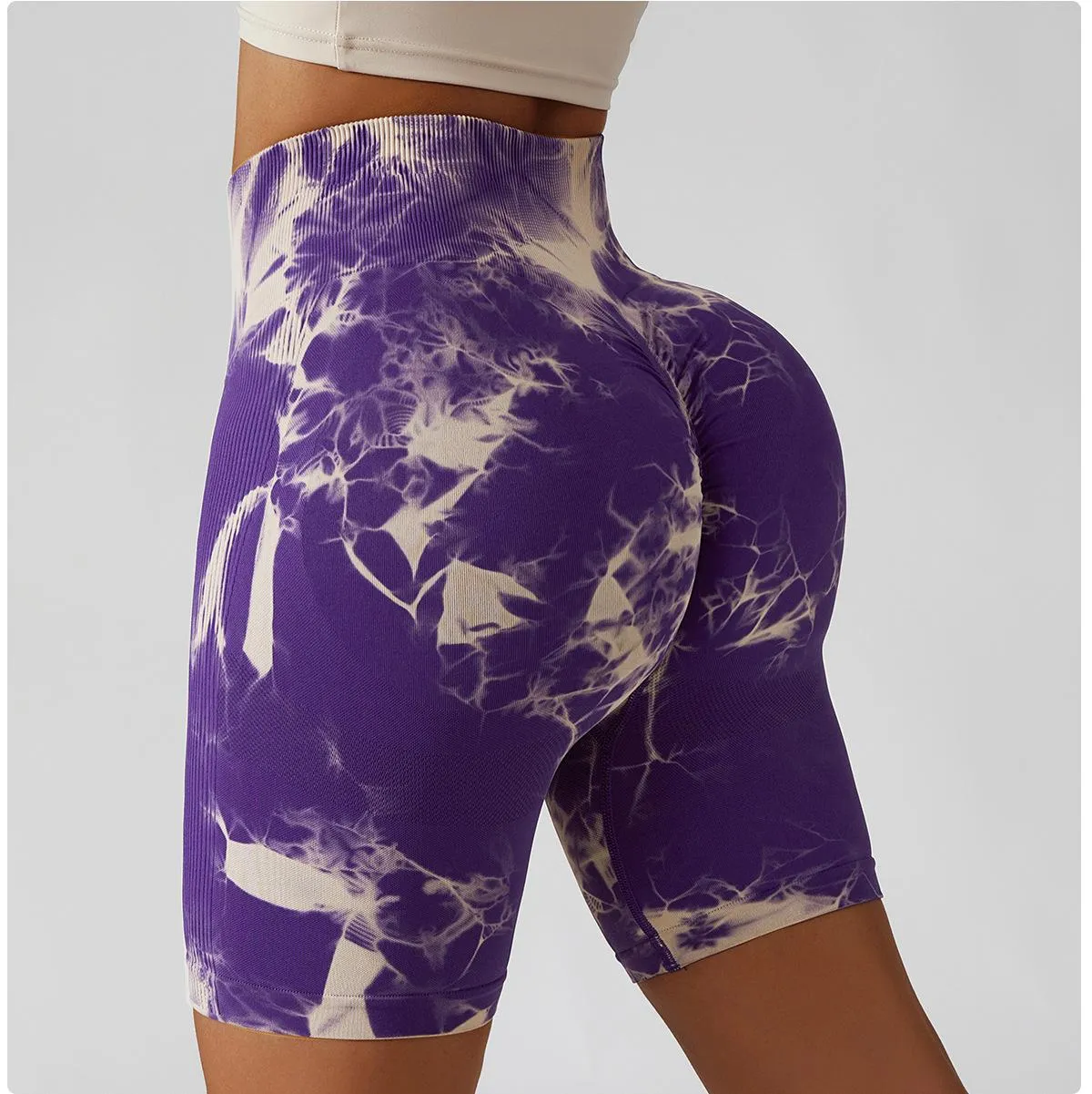 Tie-Dye Seamless Yoga Pants Stretch Running Workout Shorts Fitness Women High Waist Hip Lift Slim Fit Sports Shorts