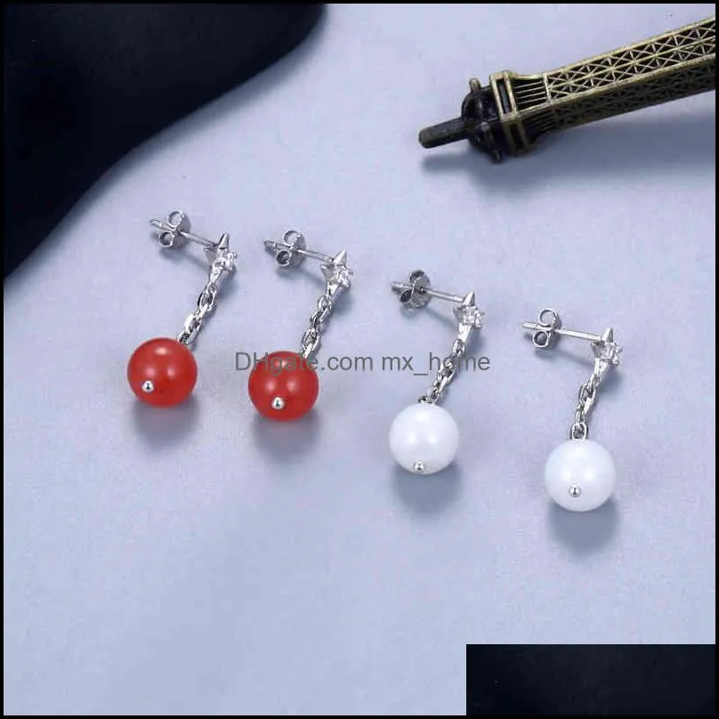 Kinesiska stilprodukter S925 Sier Long Round Bead örhängen Kvinnor South Red Jade Earline Minority Design Versatile Accessories Drop Delivery