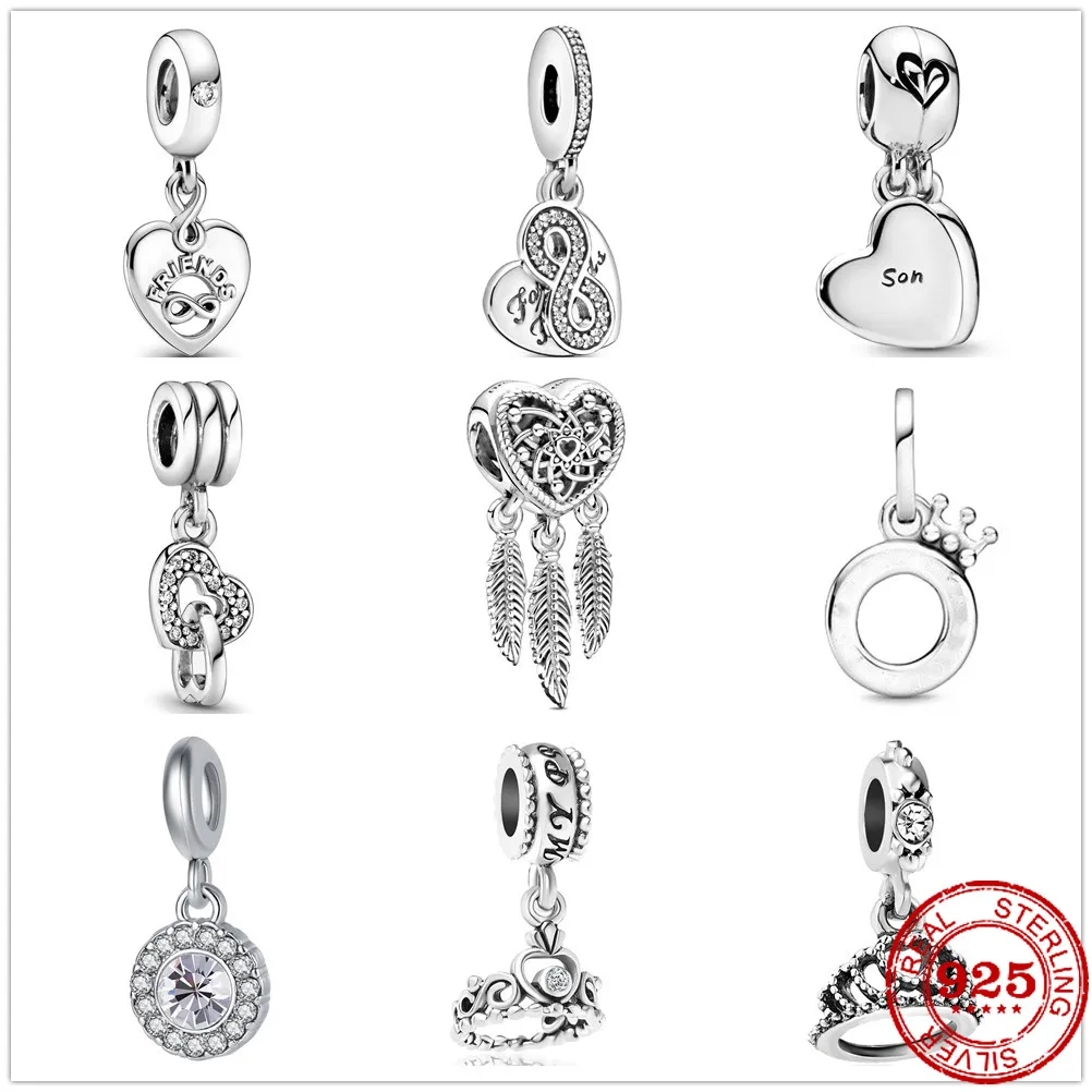 925 Silver Fit Pandora Charm 925 Bracelet Véritable 925 Sterling Silver Mother and Son Heart Charms Charms Set Pendant Diy Fine Beads Bijoux
