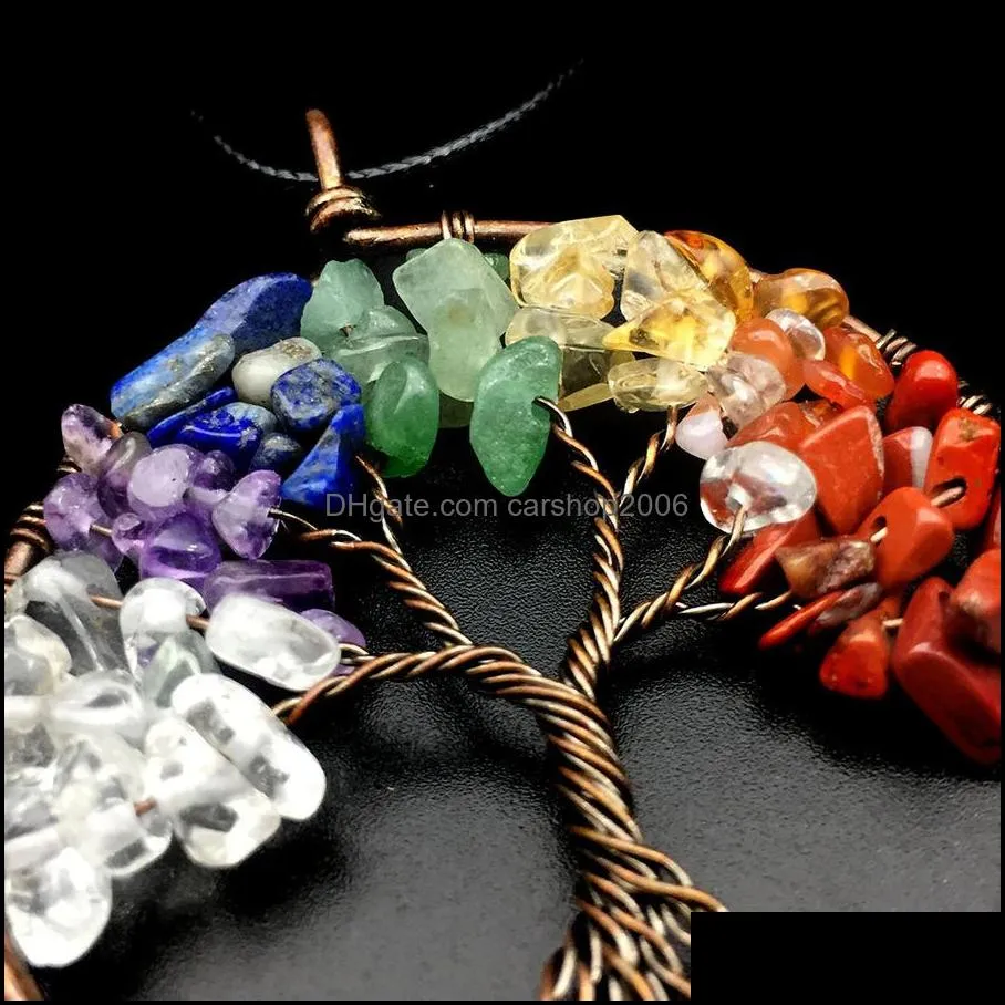 Natural Crystal Macadam Hand Winding Bifurcated Bronze Colorful Life Tree Pendant Seven Chakras 0NQL