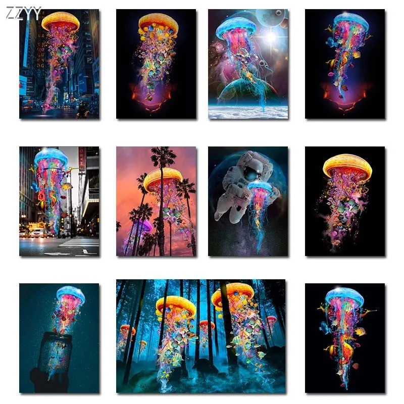 Colordul Jellyfish Art Canvas Painting Marine Life Creativity Art Posters and Prints Wall Picture for Children's Room Home Decor