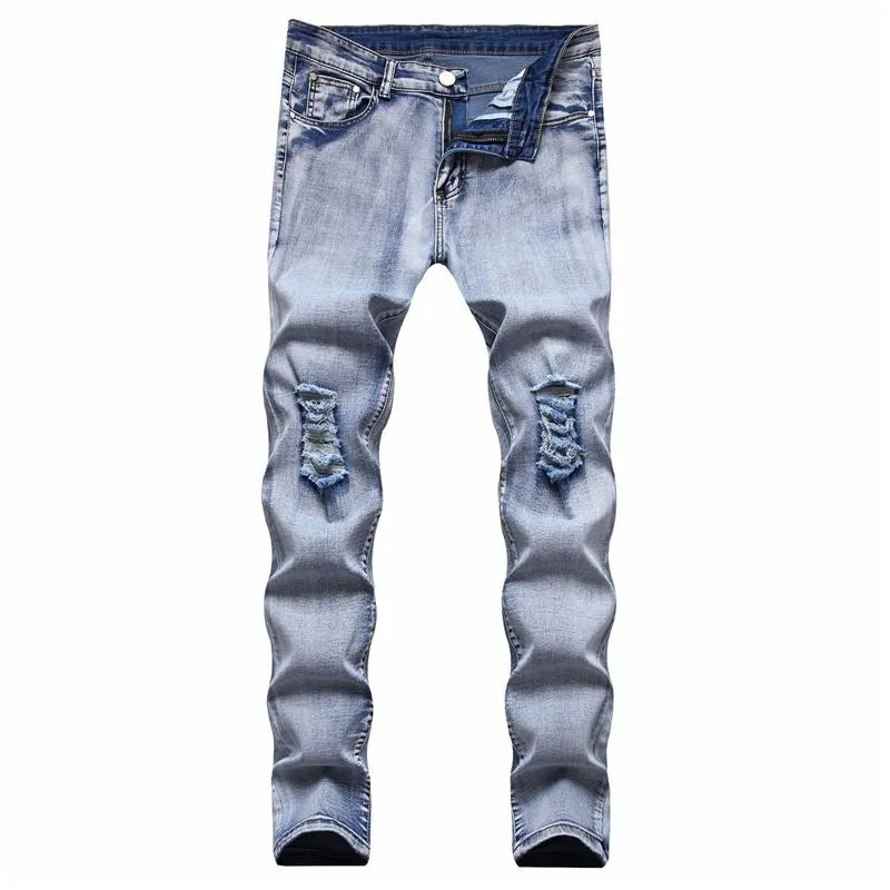 Men's Jeans Streetwear Men Autumn Winter Solid Color Slim Stretch Casual Mid Waist Ripped With Denim Straight Pants