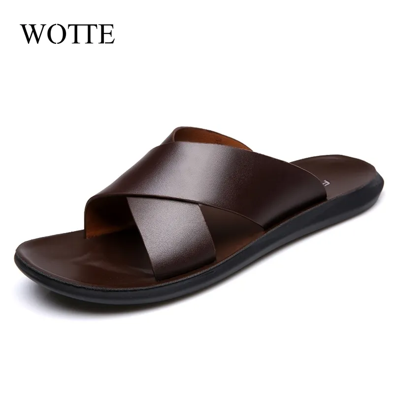 Wotte New Fashion Summer Men schoenen Vintage Italiaanse flats Casual niet -slip Beach Sandals Lederen Flip Flop Slippers Flat Sandals 210301