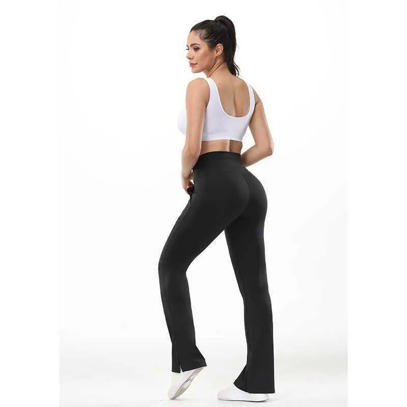 Yoga Pants Split Flared Women Leggings with Pockets High Waist Elastic Abdomen Closing Slim Fit Dance Trouses Workout Casual Tights