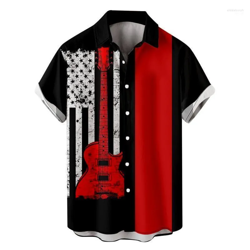 Camisas casuais masculinas para homens 3D manga curta Button Guitar Guitar America Flag y2k Clothing Tops de verão e Eldd22 feminino