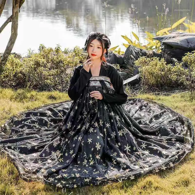 Vêtements de scène Tang Song ancien Costume chinois Hanfu robe femmes élégantes robes de soirée noires pour le bal