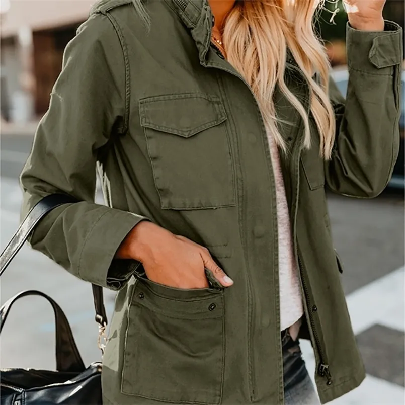 Vrouwen Rits Jas Herfst Vrouwelijke Bovenkleding Lange Mouw Casual Streetwear Jas Windjack Anorak Stand Kraag Militaire Jassen 220802