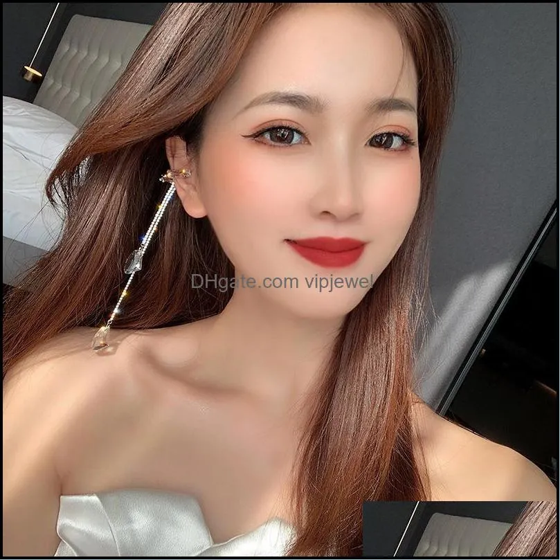 clip-on & screw back fashion korean rhinestone water drop cuff earrings for women crystal long tassel ear clip jewelry party