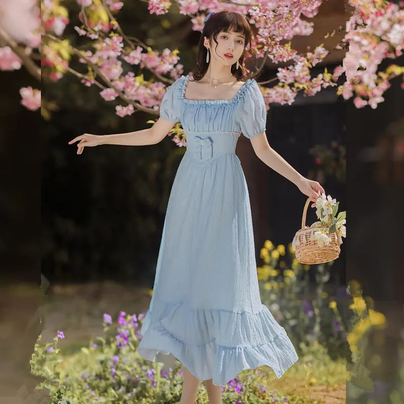 Casual Dresses Blue Gentle Romantic Fairy Dress Women Ruffled Square Collar Elegant High Waist Beaded Bow Sweet Cute Long Summer 2022