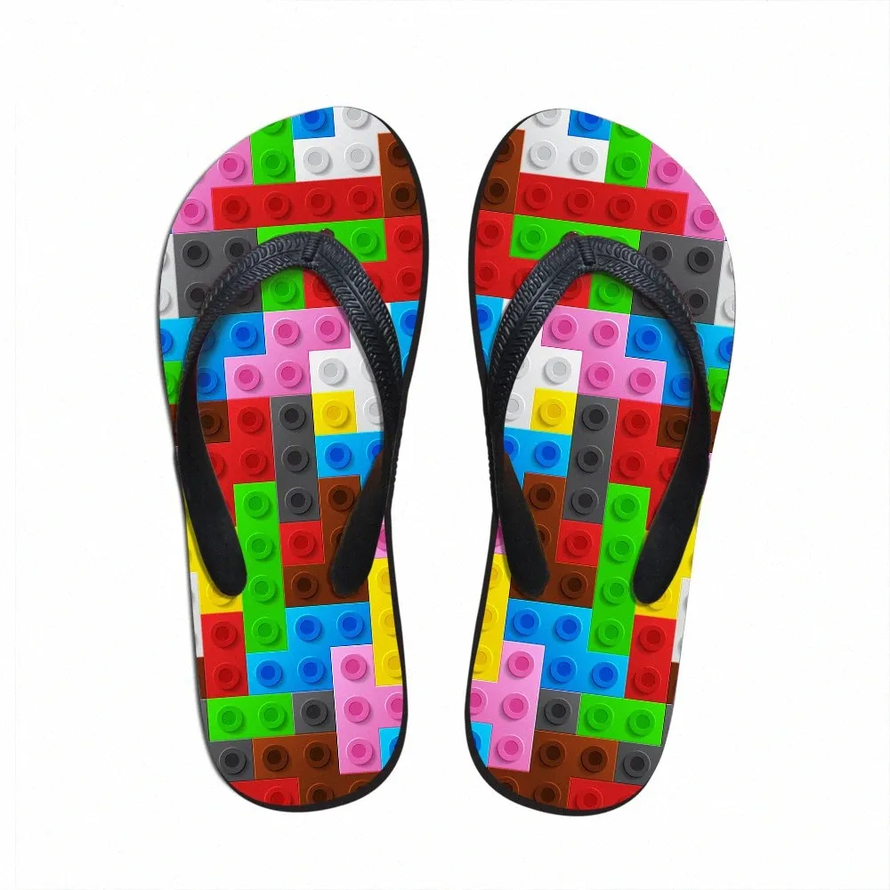 Aangepaste vrouwen flats huis slippers slipper 3D tetris print zomer mode strand sandalen voor vrouw dames flip flops rubberen flipflops G475 #