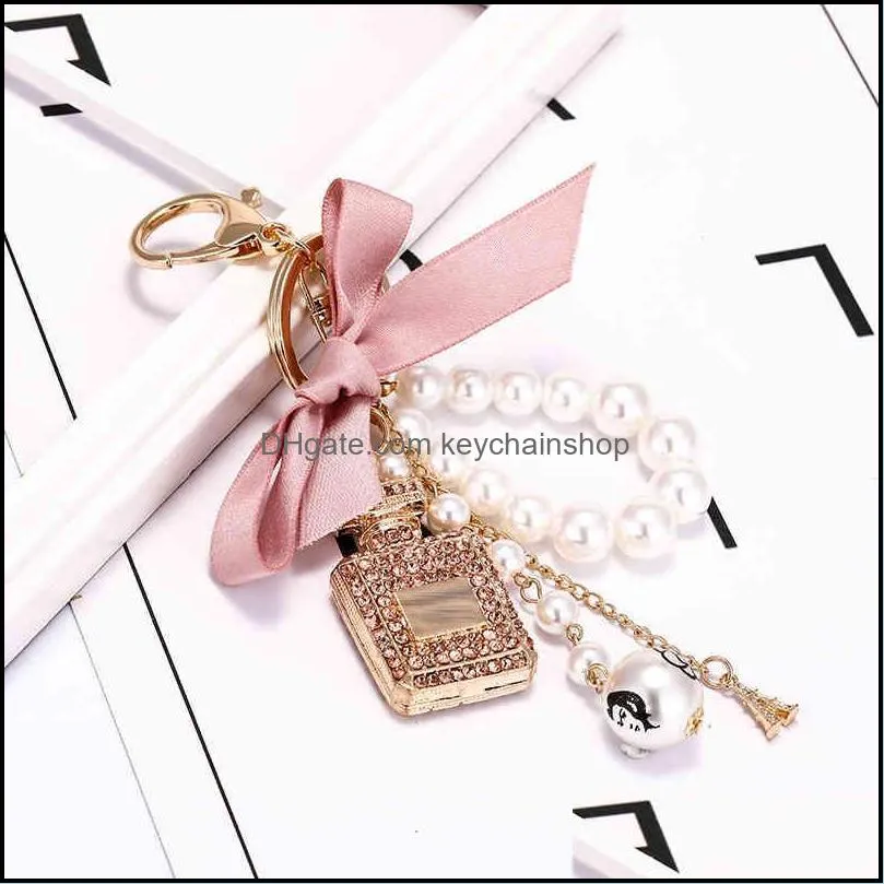 creative handmade diy diamond perfume bottle accessories alloy bow pearl luxury keychain purses charm pendant ys068