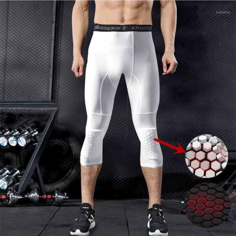 Pantalon de compression rembourré en nid d'abeille Leggings de gymnastique hommes collants de course long soutien du genou Shorts de Fitness Jogging pantalons de survêtement Sport 3/4