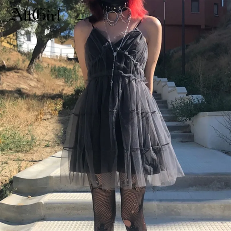 AltGirl 다크 고딕 메쉬 드레스 요정 그런지 빈티지 펑크 끈이 높은 허리 드레스 하라주쿠 몰 고스 Emo Alt Partywear 220425