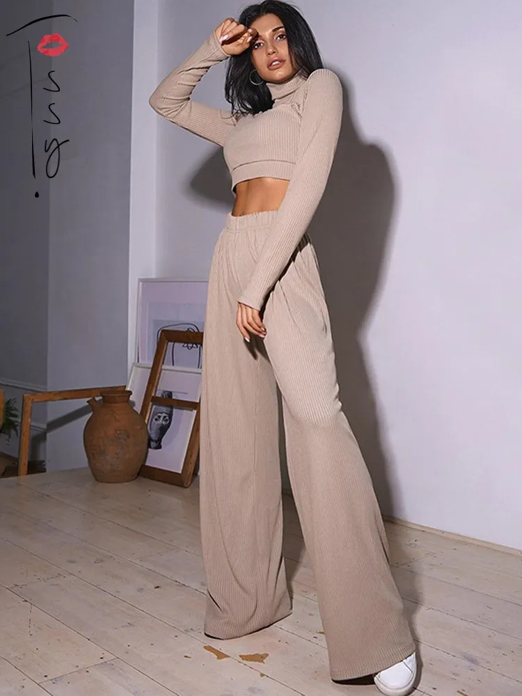 Tossy Turtle Neck Long Sleeve Slim Cropped Top And Loose Long Pants Ribbed Set Casual Fashion Sprort Set Spring Streetwear 220511