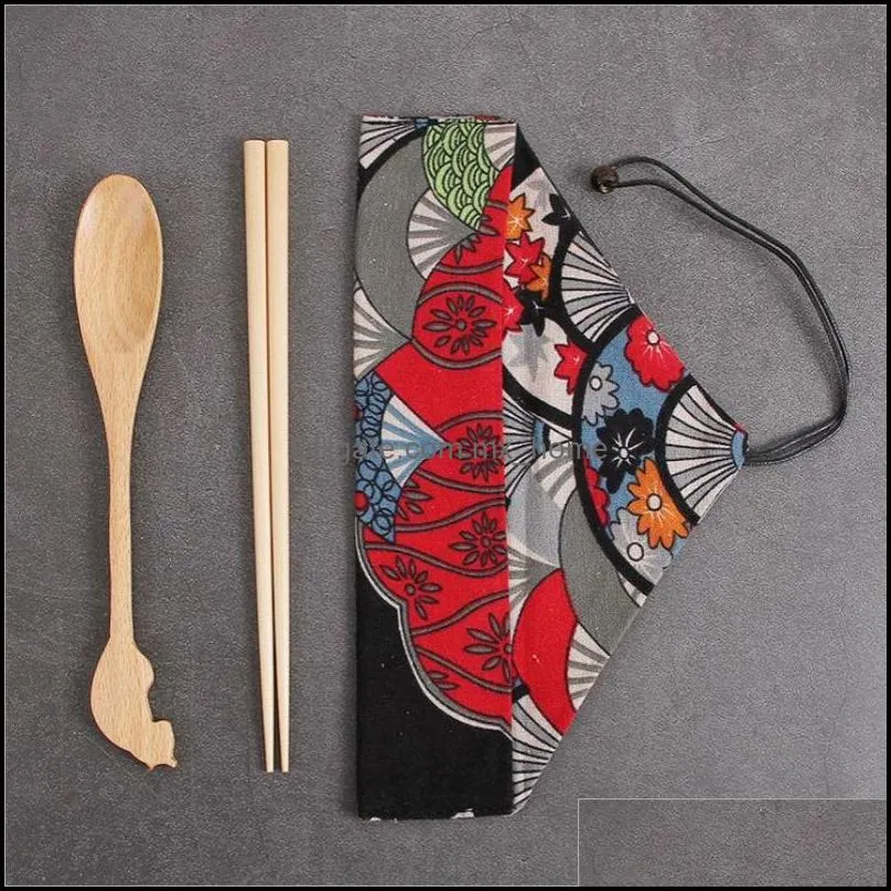chinese chopsticks tableware wooden cutlery sets with spoon fork cloth bag environmentally friendly travel portable
