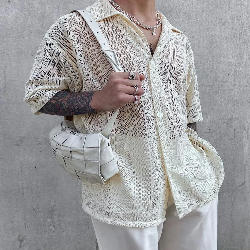 男性用服ヨーロッパアメリカン秋の薄い日本のカットアウトシャツラペルスリムボタン付きシャツカミザパラホンブル