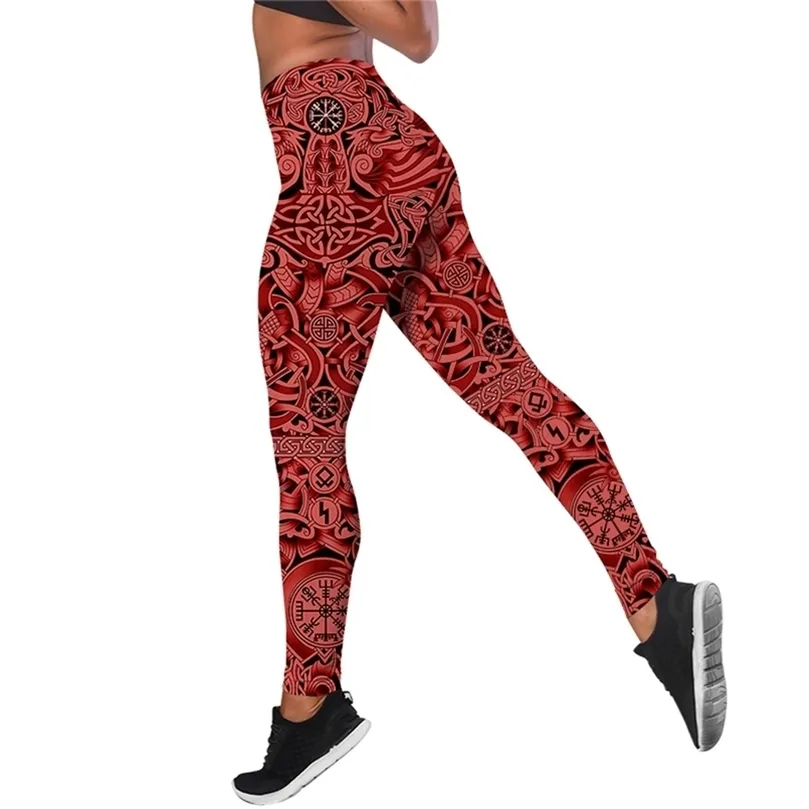 여성 레깅스 레드 빈티지 바이킹 문신 3D 인쇄 높은 허리 탄성 레깅스 체육관 캐주얼 피트니스 바지 W220617