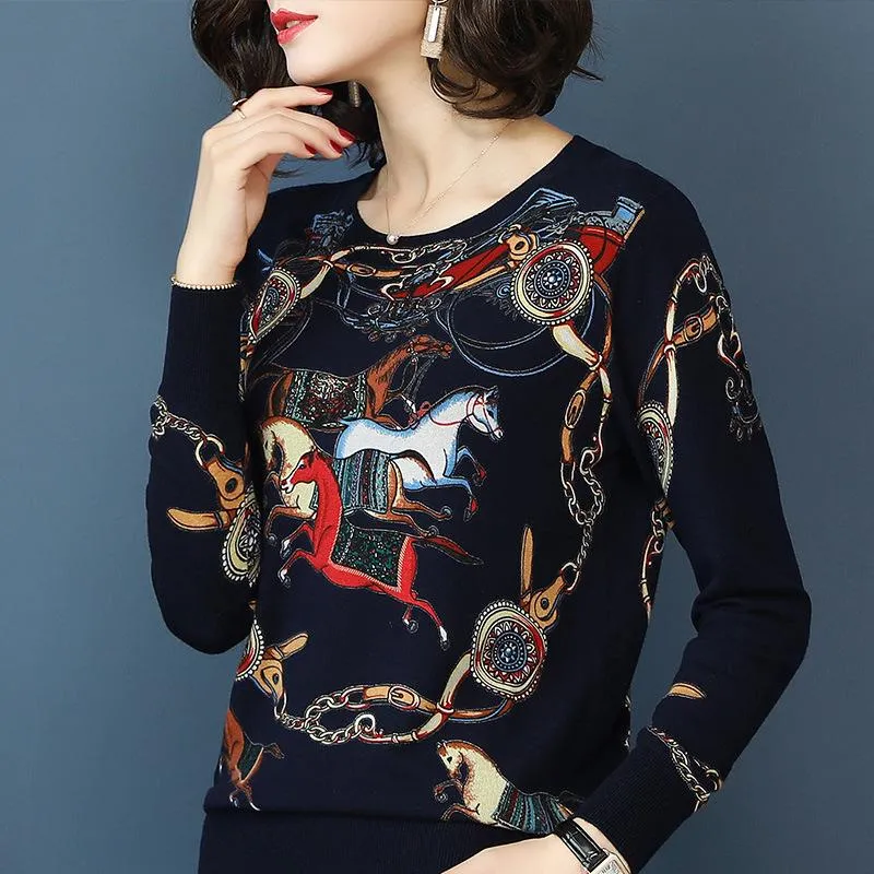 Women's Sweaters Fall Winter Women Knitted Sweater Long Sleeve Round Collar Printed Fitted Fashion Top Female Large Size Pullover H9228Women