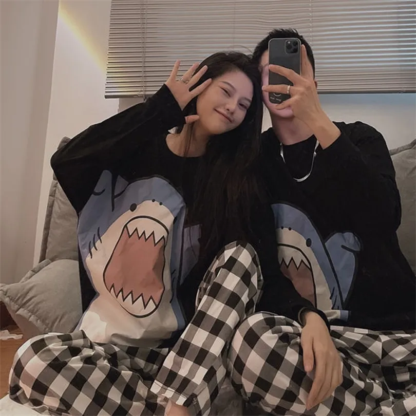 Cute Shark Print Plaid Womens Pajamas Autumn Couple Winter