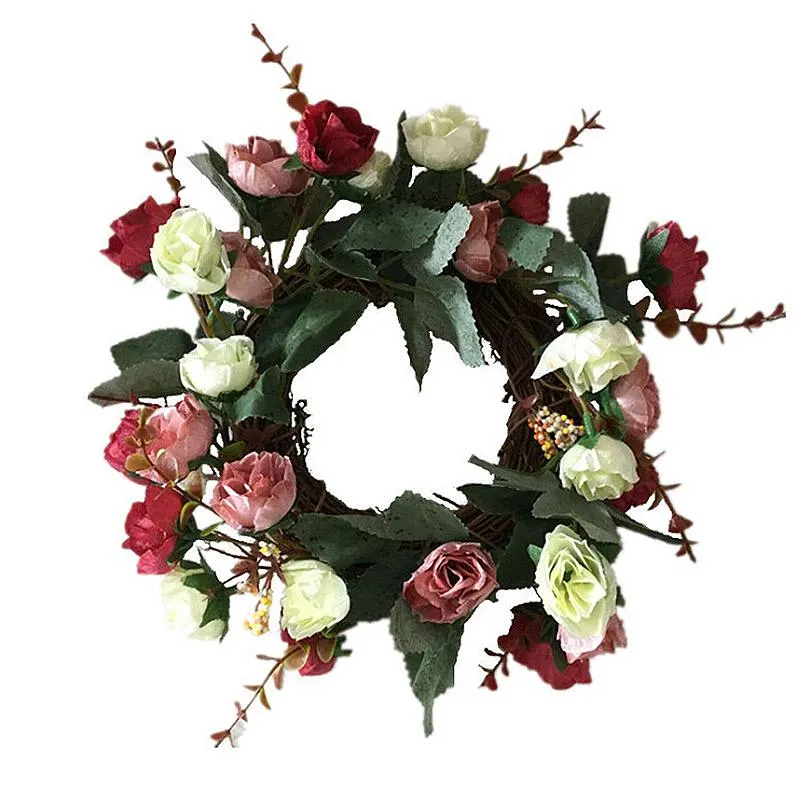 Fleurs décoratives couronnes en soie rose pivoine Porte artificielle simulation de qualité parfaite Garland pour la décoration de fête de fête de mariage Décorative
