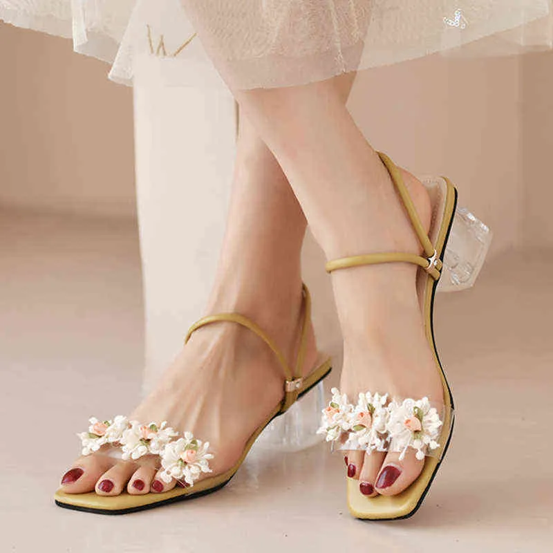 Sandals Lace Floral for Women 2022 Summer Fashion Square Toe Beach Slippers Woman Clear High Heels Sandalia Mujer 220419