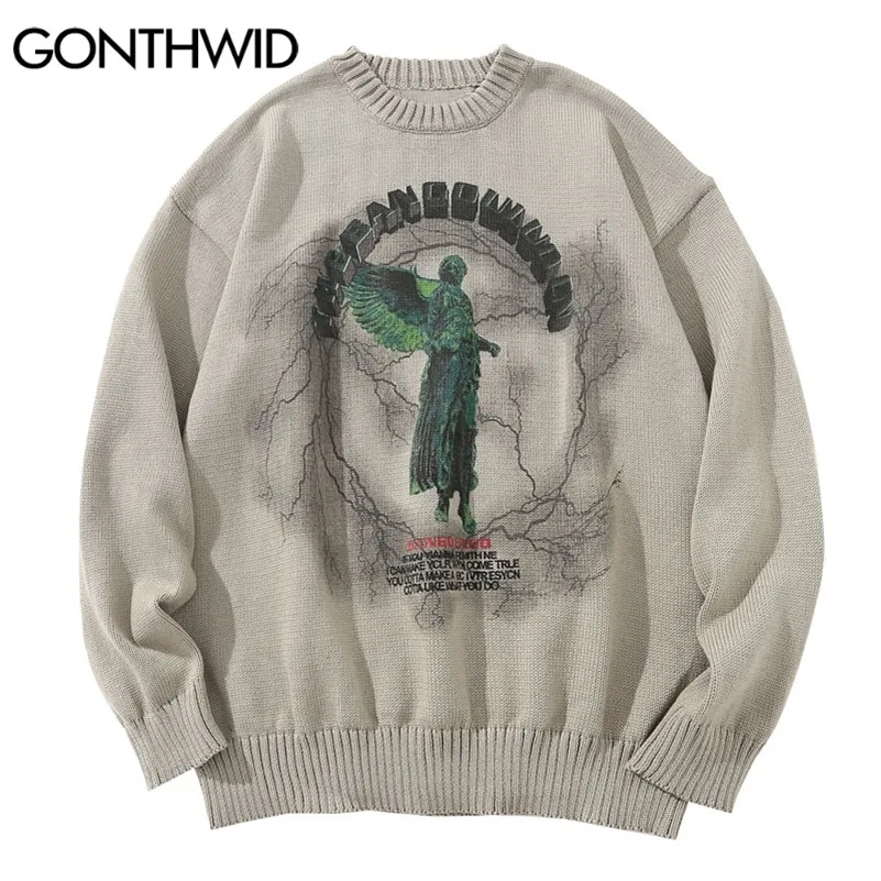 GONTHWID KNITED SWEATRES HIP HOP LIGHTNING 3D ANGEL Statue Print Pullover Sweater Streetwear Hip Hop Fashion Casual Loose Tops 220812
