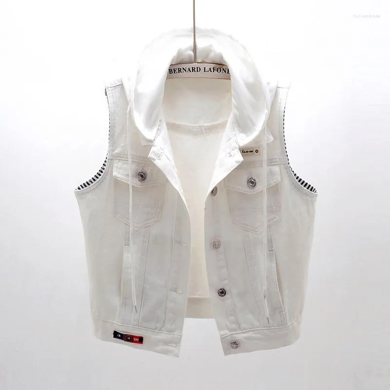 Kamizelki damskie swobodny biały dżins z kapturem dla kobiet 2022 Koreańska kurtka bez rękawów Kobieta ropa rozmiar kamizelki wiosenny płaszcz gilet colet Lute Luci22