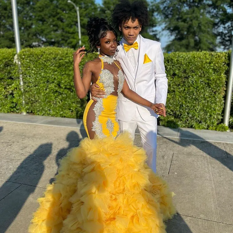 Yellow Halter Yellow mermaid prom dress with Backless Ruffles and See-Through Side - Perfect for Graduation and Parties Yellow Halter Yellow mermaid prom dress with Backless Ruffles and See-Through Side - Perfect for Graduation and Parties