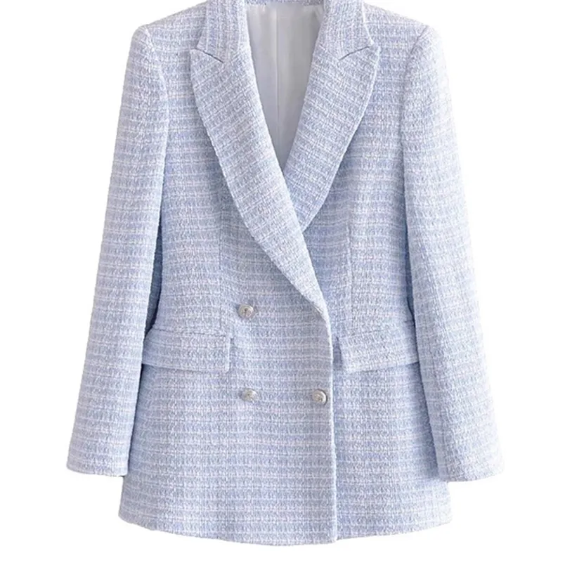 TRAF femmes mode Double boutonnage Tweed carreaux Blazer manteau Vintage manches longues poches vêtements de dessus pour femmes Chic Veste 220402