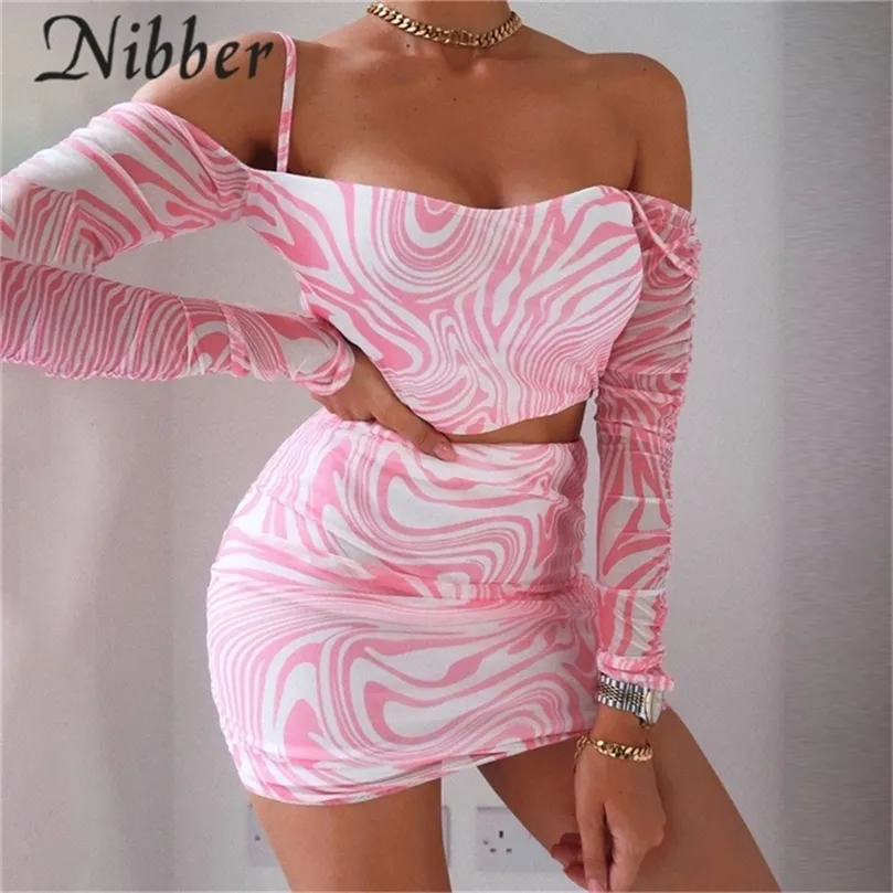 Nibber Solid 2two Piece Set Women Autumn Dew Shoulder Long Sleeve Tops Tight skinkor Kjol Matchande outfit kvinnliga kläder 220602