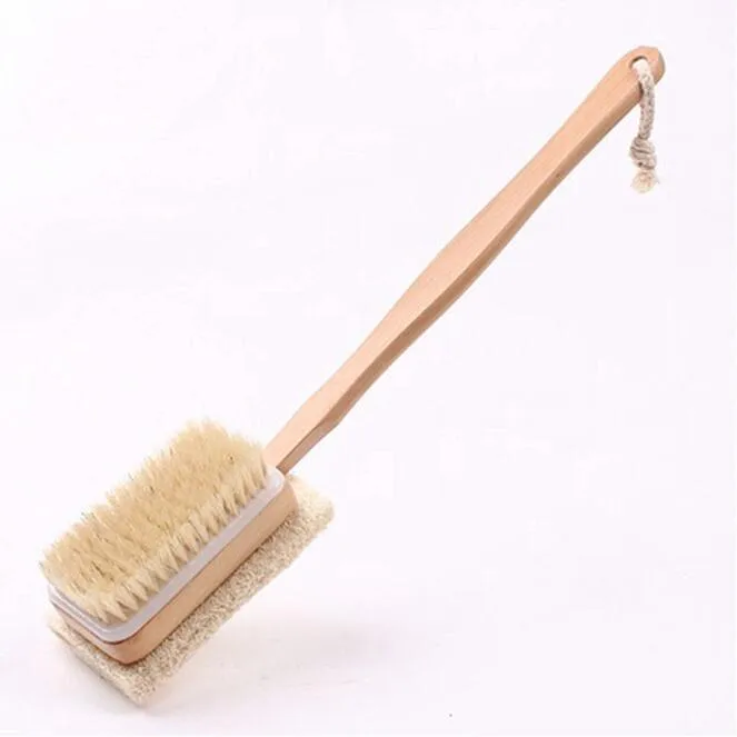 2 in 1 Sided Natural Bristles Loofah Body Shower Brushes with Wooden Long Handle Back Brush Body Massage