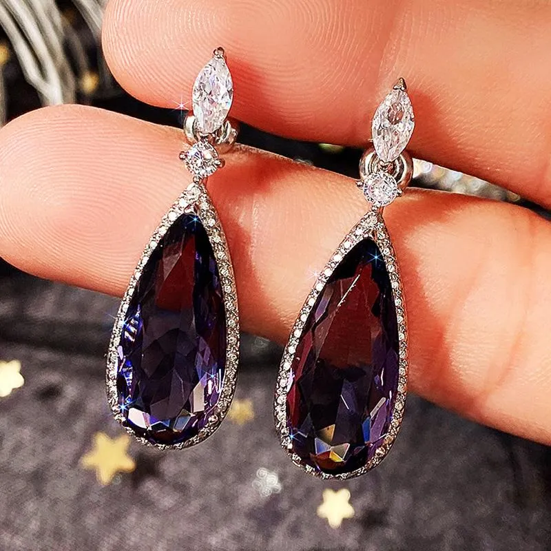 Candelier Dangle Big Teardrop Purple Cz Pendientes de piedra Pendientes de alta calidad Color plateado Hermoso Accesorios de boda Jewelrydan