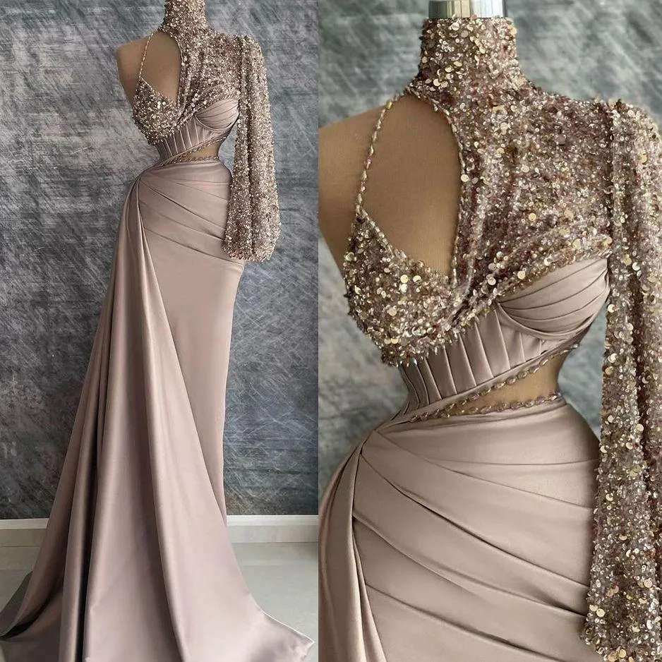 Sexy One Shoulder Evening Dress Elegnat Mermaid Sequined Beaded Dubai Women Cut Out Wear Custom Made Prom Formal Gowns