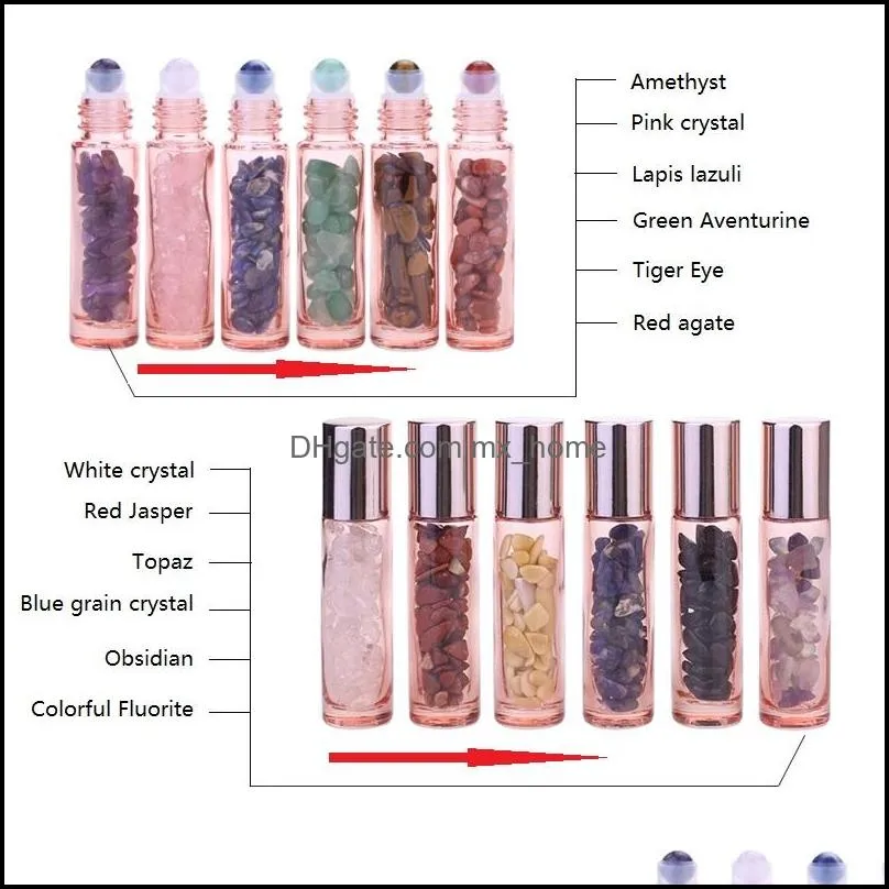 10ml Essential oil perfume bottles Rose Gold glass Roll On bottle with crushed Natural Crystal Quartz, Crystal roller ball Rose Gold