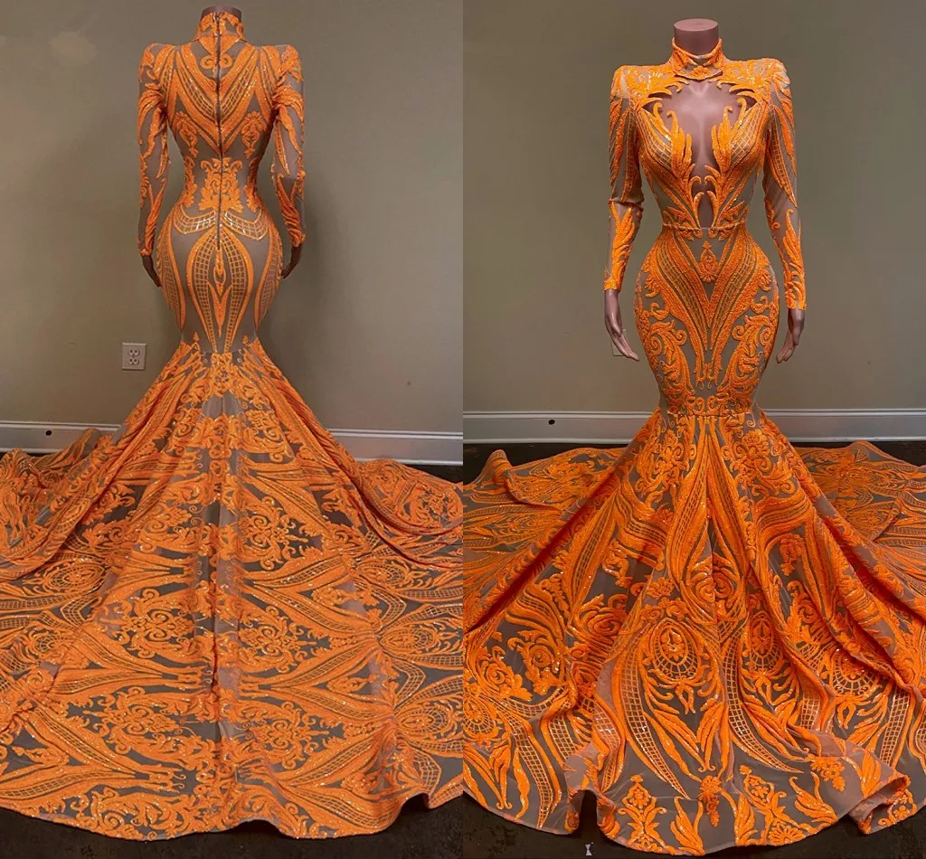Långärmad hög nacke arabisk prom klänningar 2022 sexig sjöjungfrun stil orange sequin applique afrikanska blacl tjejer kväll gala kappor