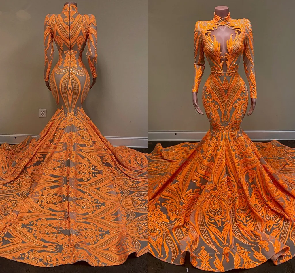 Langarm High Neck Arabic Prom Kleider 2022 Sexy Meerjungfrau Stil Orange Pailletten Applique Afrikanische Blacl Mädchen Abend Gala Kleider