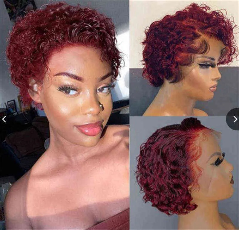 Peruker syntetiska huvudbonader kvinnors korta lockiga hår vin röd populär dans peruk 220816