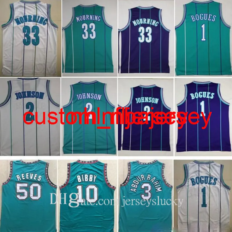 Hommes meilleure qualité Vintage 2 maillot Larry Johnson 1 maillot Tyrone Bogues 33 Alonzo Mourning 3 Shareef Abdur Rahim 10 Mike Bibby 50 Reeves S-XXL