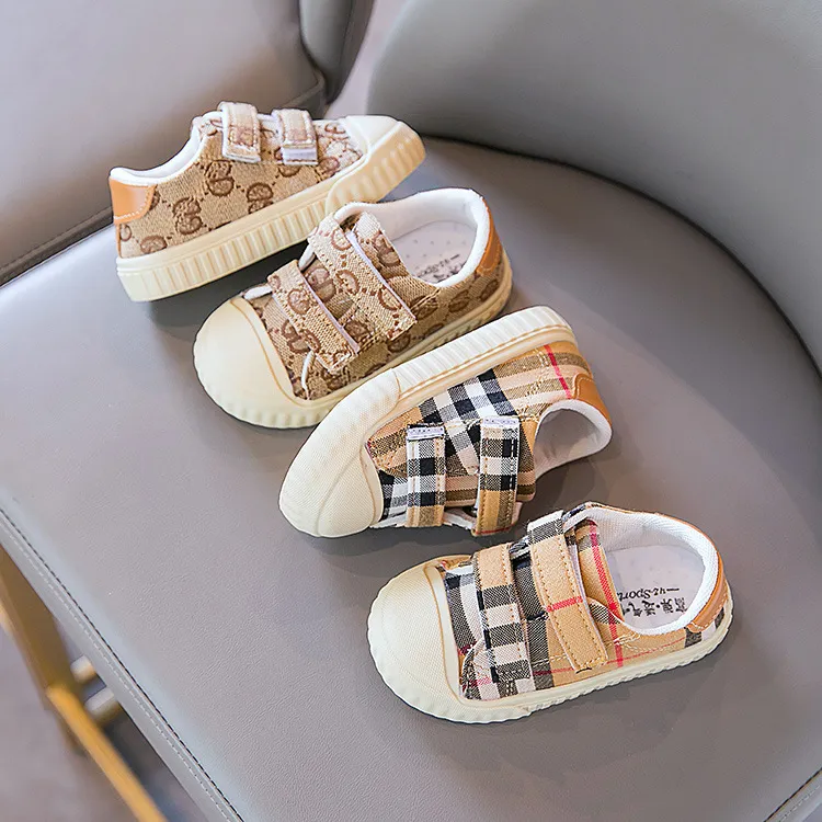 Designer Canvas Infant Sneakers with Hook and Loop Closure Plaid or Monogram Velcro Toddler Shoes