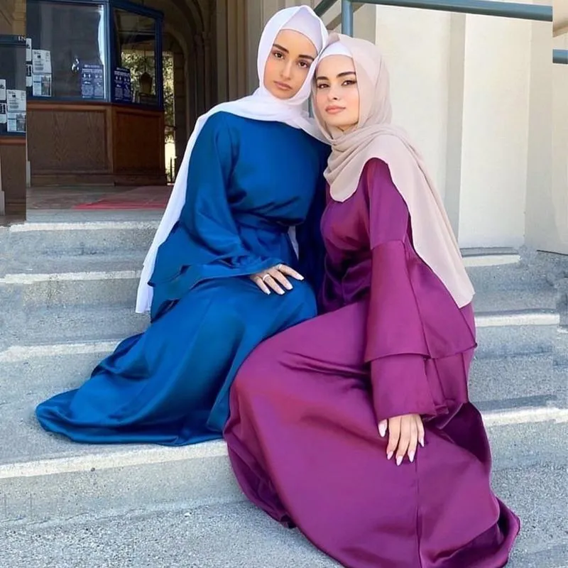 Ramadan Muslim Satin Maxi Dress For Women Elegant Hijab Abaya From