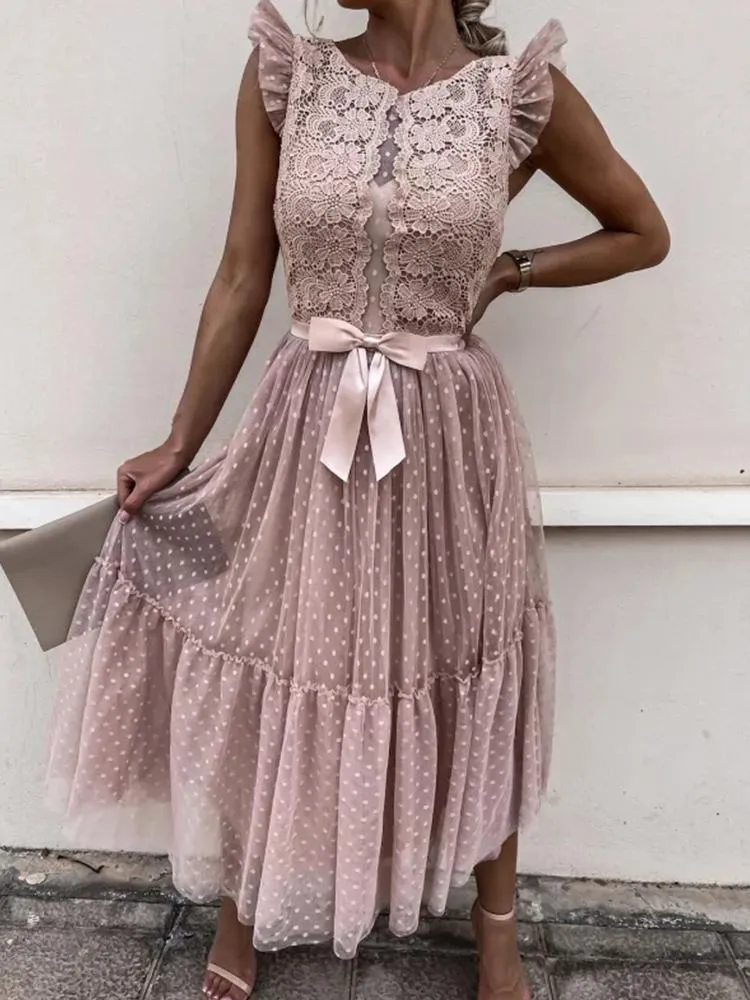 Swobodne sukienki seksowne haft koronkowy patchworka długa sukienka kobiety elegancka kropka drukowana o przyjęcie letnie rękaw motylowy biuro